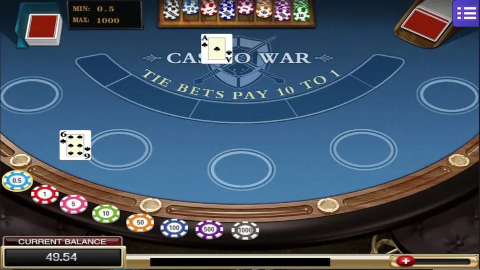 Casino War round with a 6 of spades for the player against the dealer's ace of clubs, an empty betting circle and the balance at 49.54