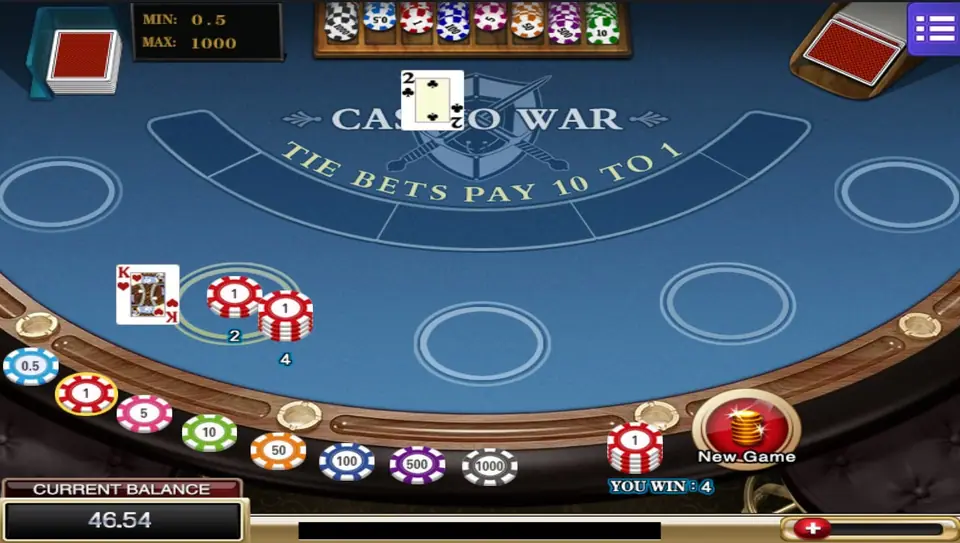 Casino War result with a king of hearts for the player against a 2 of clubs for the dealer, chips stacked in the circle and YOU WIN 4 next to a New Game button