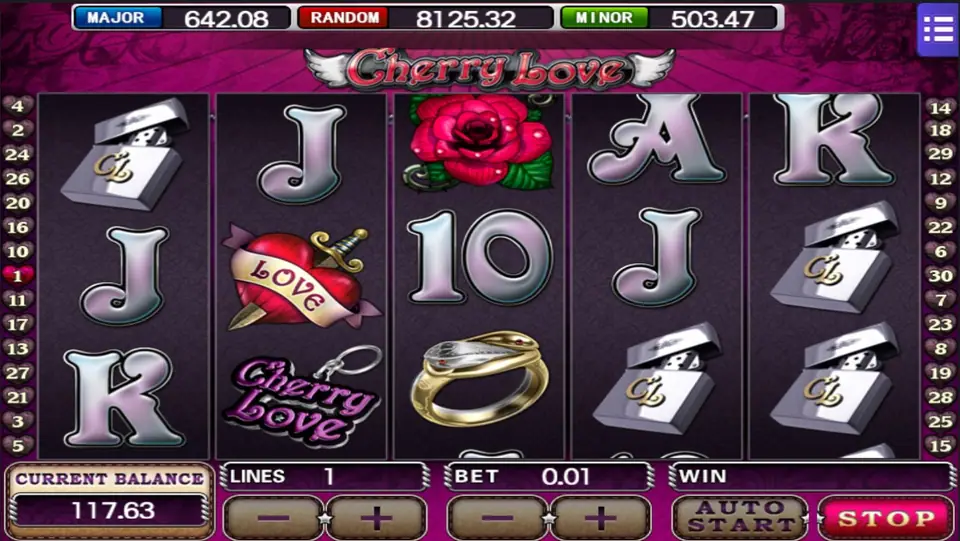 Cherry Love slot with silver card letters, a dagger-through-heart LOVE tattoo, a red rose, a gold snake ring and silver lighters, set to 1 line at 0.01