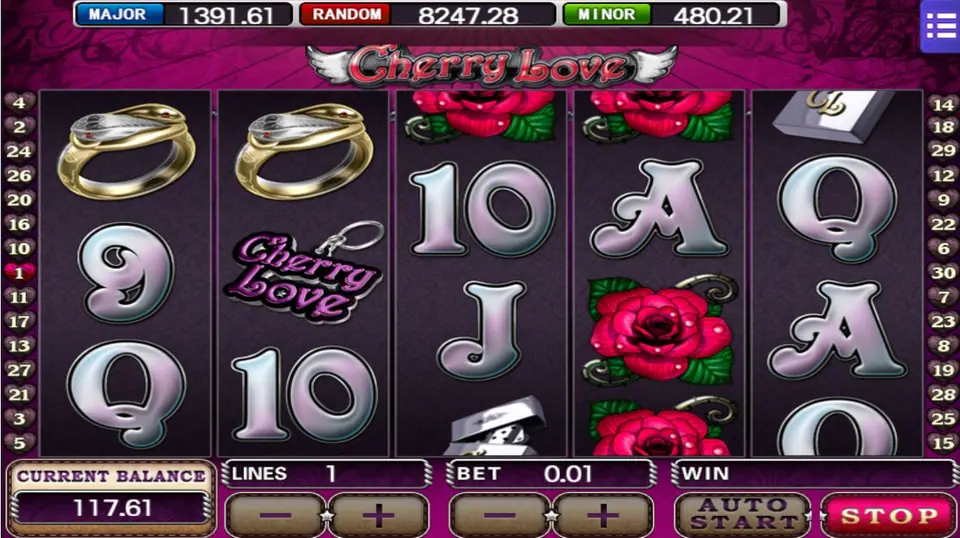 Cherry Love reels with two gold snake rings, a Cherry Love key ring and a stack of red roses on the fourth reel, balance 117.61