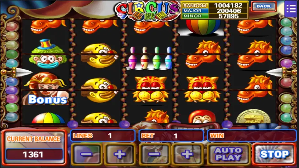 Circus reels mid-spin with horses, seals with red noses, skittles, tigers and a Bonus tile, the STOP button lit and a balance of 1361