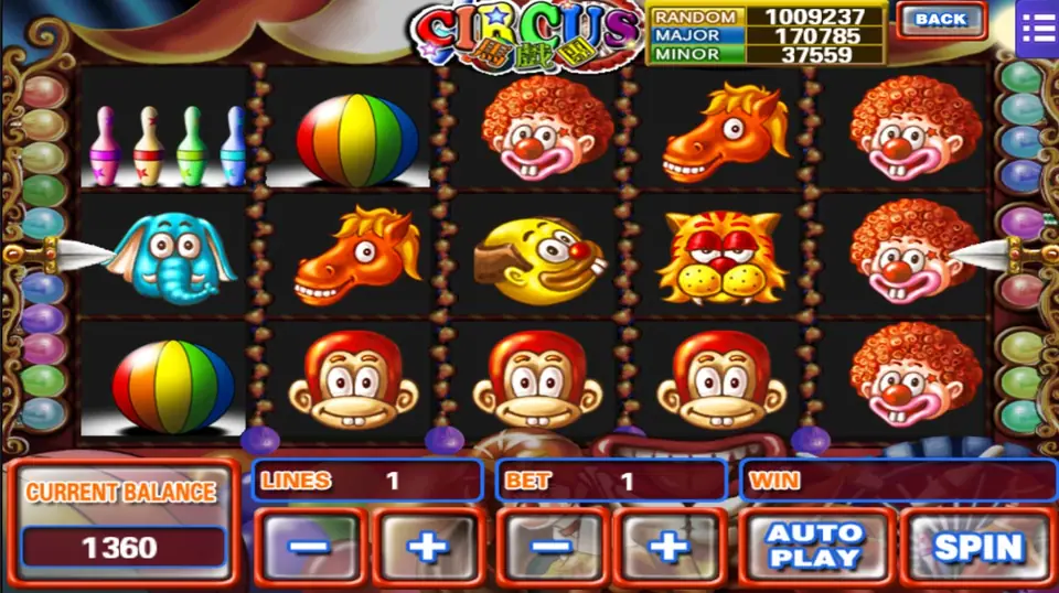 Circus reels after a spin with skittles, a beach ball, clowns and several monkey faces on the bottom row, balance 1360