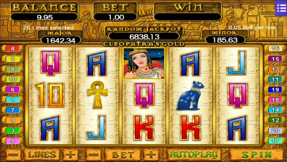 Cleopatra's Gold slot with a Cleopatra portrait, a gold ankh and a blue cat statue among card letters, 20 lines at 0.05 per line and a Random Jackpot of 6838.13