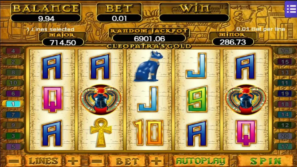 Cleopatra's Gold reels with two scarab symbols, a blue cat, a gold ankh and colourful card letters, set to 1 line at 0.01