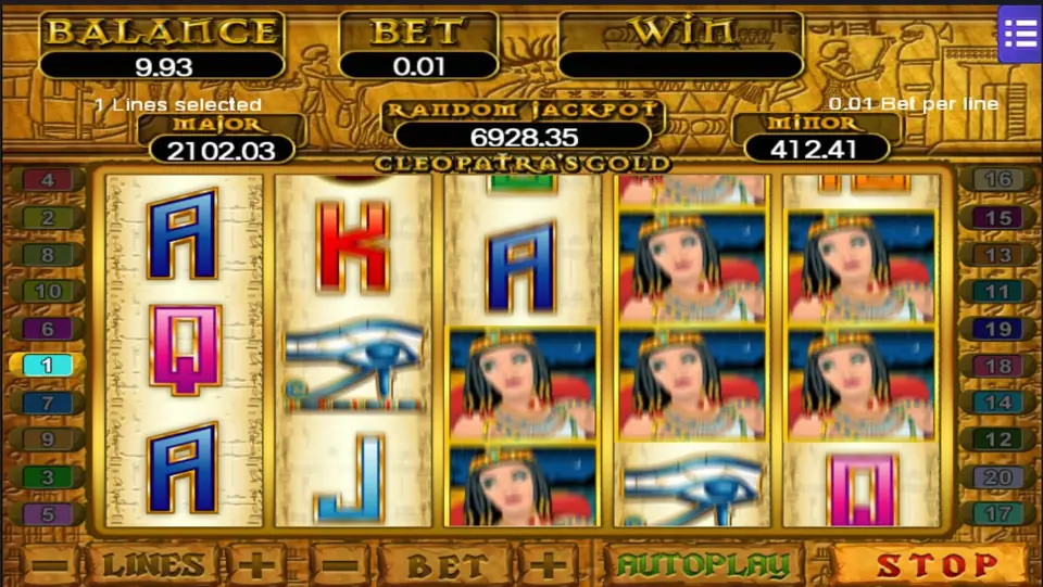 Cleopatra portraits stacked on the third, fourth and fifth reels, with Eye of Horus symbols and card letters beside them