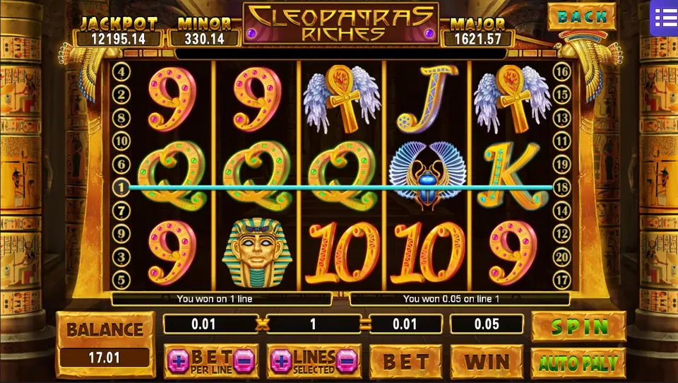 Cleopatras Riches after a win on line 1: three gold Q symbols joined by a blue line, with messages You won on 1 line and You won 0.05 on line 1 under the reels
