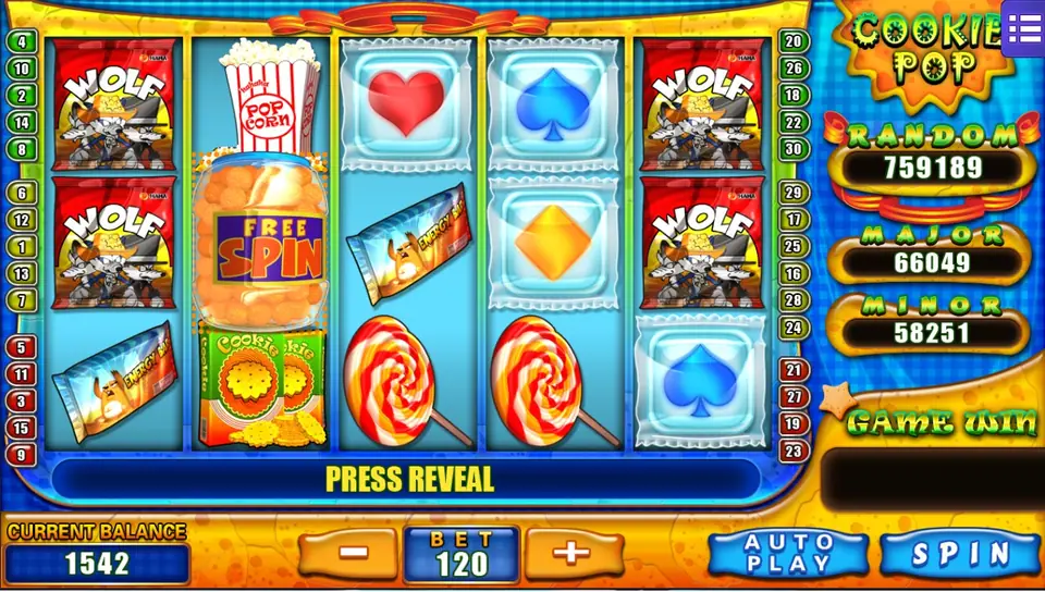 Cookie Pop slot with WOLF crisp packets, popcorn, lollipops, an energy bar, candy card suits and a FREE SPIN jar, a bet of 120 and PRESS REVEAL under the reels