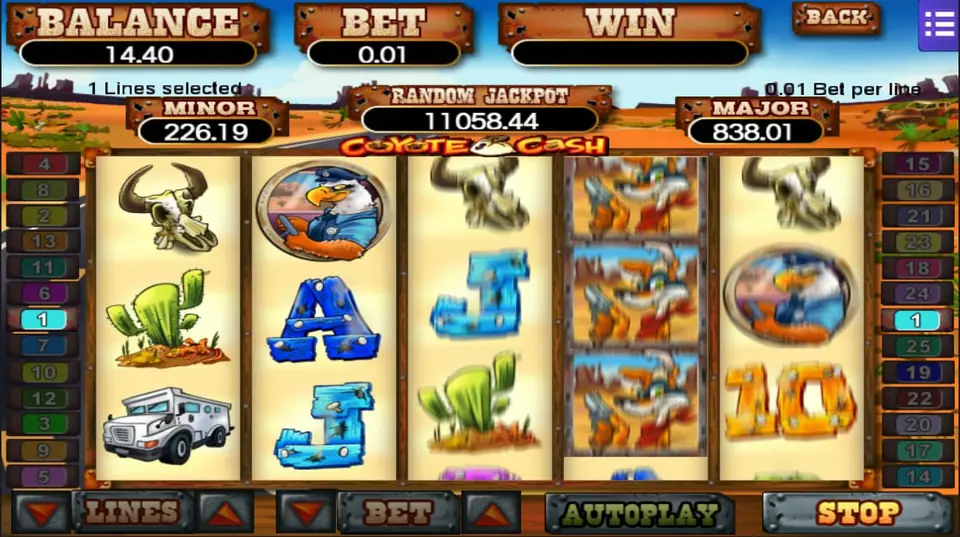Coyote Cash mid-spin with a blurred stack of coyote symbols on the fourth reel, a cow skull, an eagle lawman and a cactus, set to 1 line at 0.01