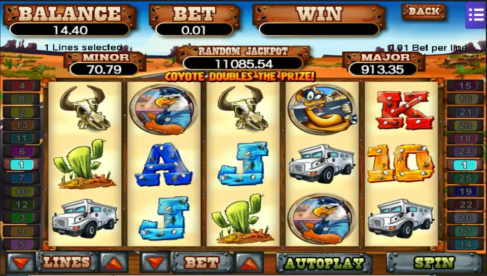 Coyote Cash with the banner COYOTE DOUBLES THE PRIZE under the logo, a coyote on the fourth reel and cash vans on the reels