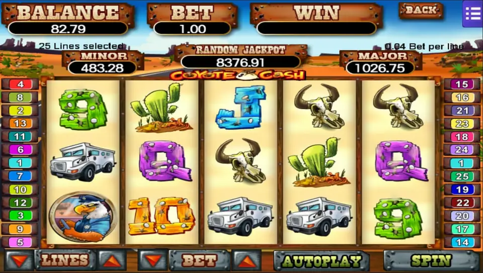 Coyote Cash back at 25 lines with a bet of 1.00 and a balance of 82.79, with cash vans and cow skulls on the reels