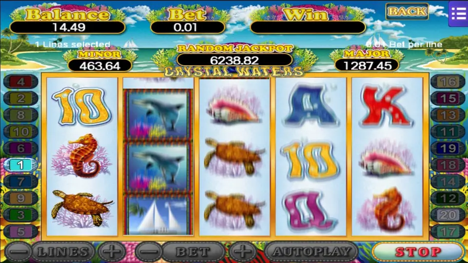 Crystal Waters with dolphin tiles stacked on the second reel above a yacht tile, a seahorse and a turtle, set to 1 line at 0.01