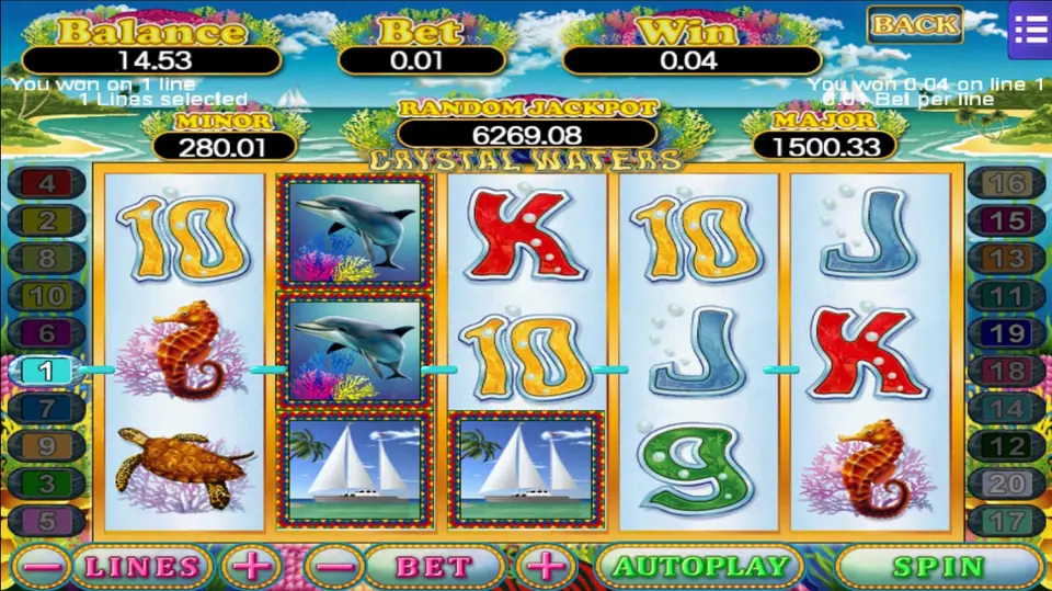 Crystal Waters after a win on line 1, with a line running through a seahorse, a dolphin and card letters, and the message You won 0.04 on line 1