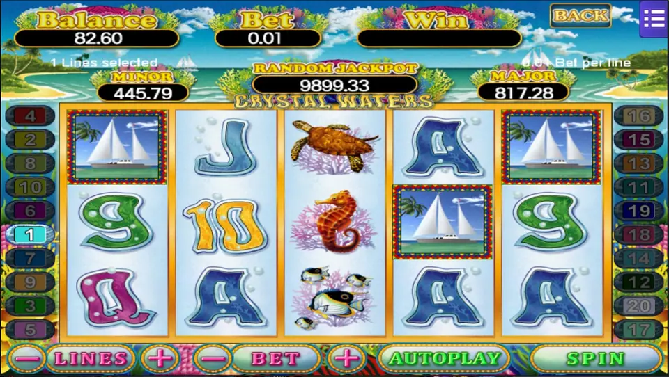 Crystal Waters with three yacht symbols spread over the first, fourth and fifth reels, a turtle, a seahorse and reef fish, balance 82.60