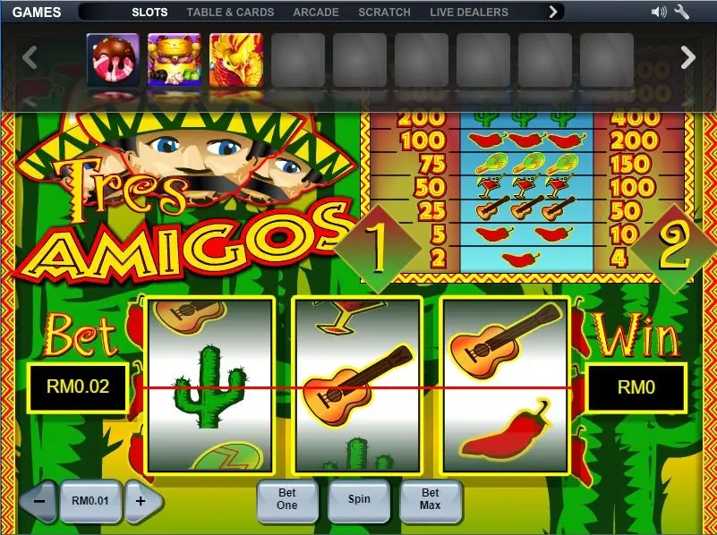 Tres Amigos with the NTC33 slot menu open above the reels, showing a row of other game icons