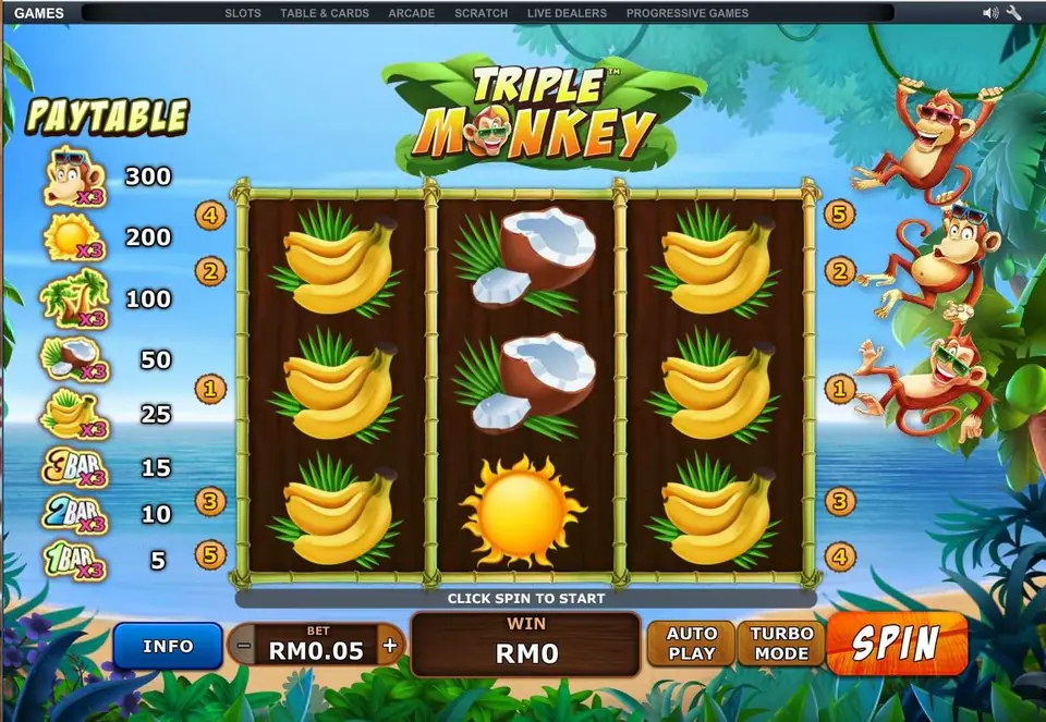 Triple Monkey reels with bananas, coconuts and a sun, and CLICK SPIN TO START under the reels