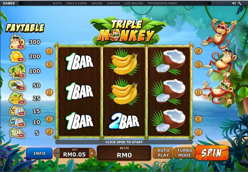 Triple Monkey with three 1BAR symbols on the left reel, bananas and a 2BAR in the middle and coconuts on the right