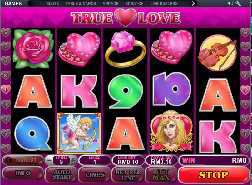 True Love reels with a cupid tile and a princess tile on the bottom row, 1 line and a RM0.10 total bet