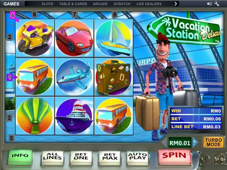 Vacation Station Deluxe 3x3 grid with a motorbike, a red sports car, a sailing boat, buses, a jet, a suitcase, a hot-air balloon and a cruise ship, and a tourist with a camera at an airport