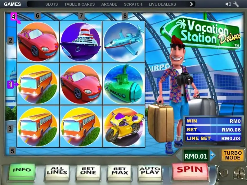 Vacation Station Deluxe grid with a red car, a cruise ship and a jet on top, a bus, a car and a green submarine in the middle, and two buses and a motorbike on the bottom row