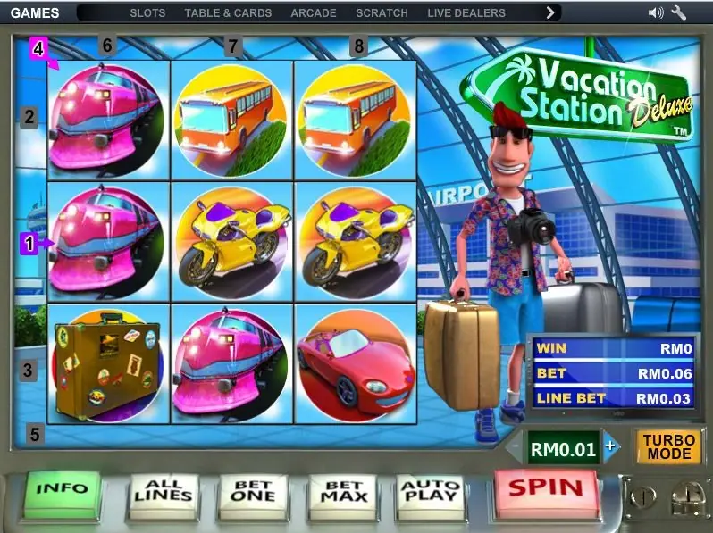 Vacation Station Deluxe with pink trains, yellow motorbikes, buses and a suitcase on the grid and the bet box showing RM0.06
