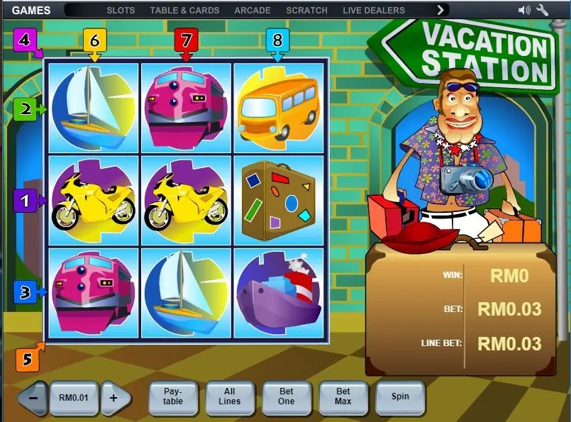Vacation Station grid with a sailing boat, a train and a bus on the top row, motorbikes and a suitcase in the middle and a ship on the bottom