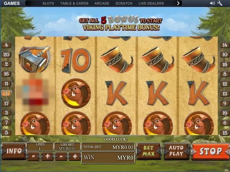 Viking Mania with the banner GET ALL 5 BONUS TO START VIKING PLAYTIME BONUS above reels of hammers, drinking horns and boars