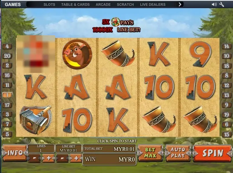 Viking Mania with the banner 5X PAYS 10000X LINE BET, a hammer, horns, card letters and a boar shield on the reels