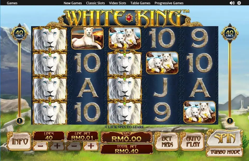 White King slot with stacked white lion heads on reels 1 and 3, lion cub and lioness symbols, 40 lines set and a total bet of RM0.40