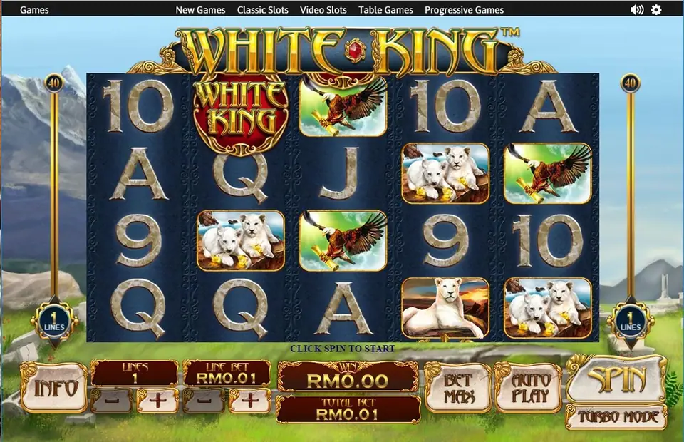 White King with the White King logo on reel 1, eagles and lion symbols on the middle reels and 1 line set