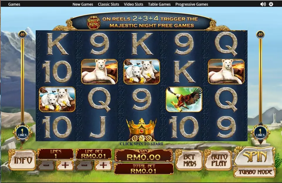 White King with the banner ON REELS 2+3+4 TRIGGER THE MAJESTIC NIGHT FREE GAMES and a crown symbol on the bottom row