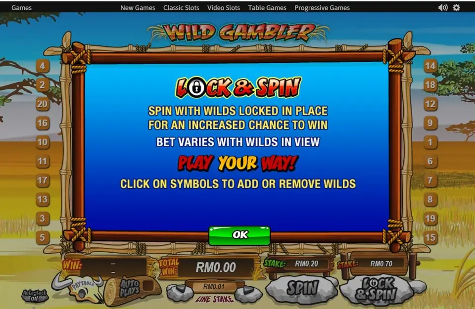 Wild Gambler help box titled LOCK & SPIN: spin with wilds locked in place, bet varies with wilds in view, click on symbols to add or remove wilds