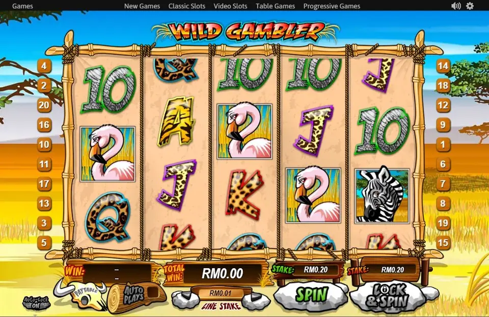 Wild Gambler reels with animal-print letters, pink flamingos, a leopard and a zebra, and a RM0.00 total win