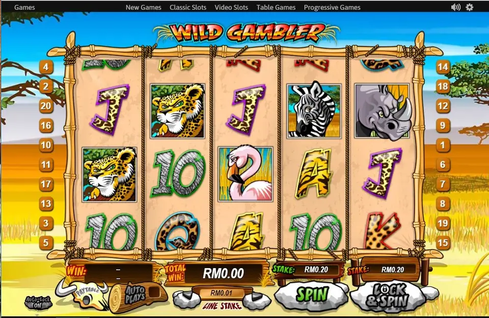 Wild Gambler reels with animal-print card letters, a leopard, a zebra and a rhino inside a bamboo frame, with a savanna backdrop and SPIN and LOCK & SPIN buttons