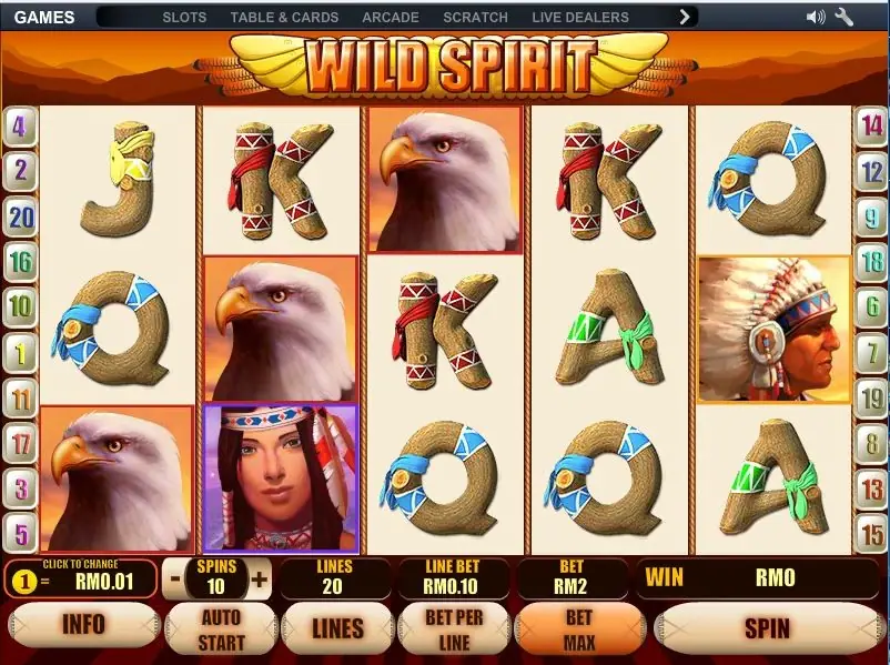 Wild Spirit reels with eagle heads, carved wooden card letters wrapped in coloured cloth, portraits of a man in a feathered headdress and a young woman, 20 lines and a RM2 bet