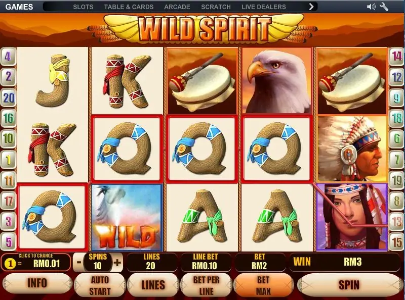 Wild Spirit with four wooden Q symbols outlined in red across the reels, a white-horse WILD on reel 2 and a win of RM3