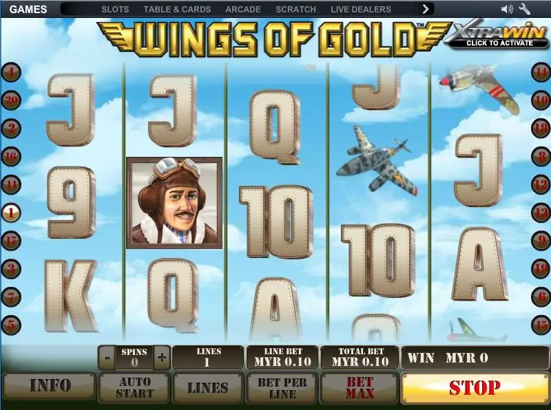 Wings of Gold reels with a moustached pilot in a leather helmet on reel 2, riveted card letters and three planes on the right