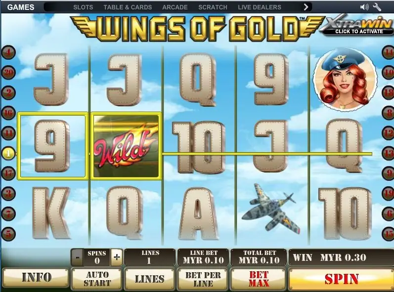 Wings of Gold with a 9 and a red WILD boxed in yellow on the middle line and a win of MYR 0.30