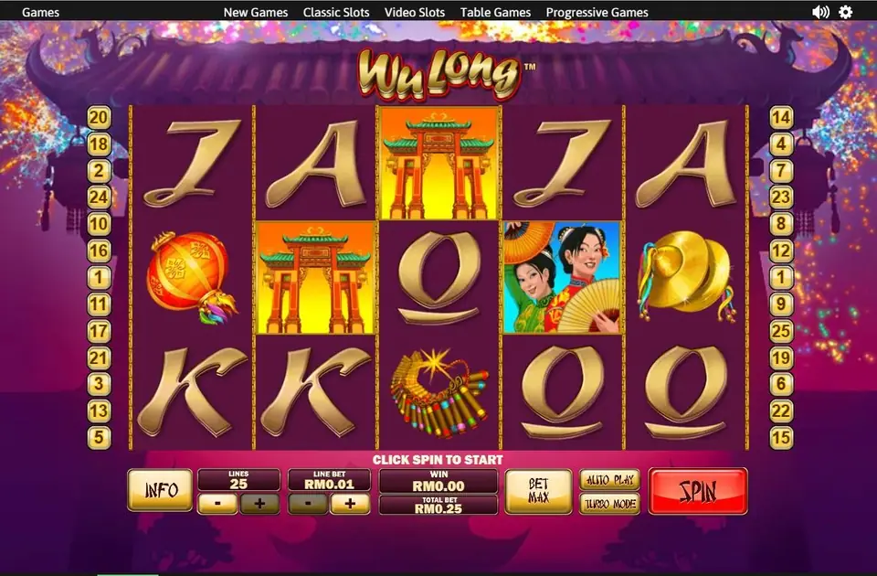 Wu Long slot under a curved temple roof with fireworks, showing gold card letters, red temple gates, two women with fans, a lantern, cymbals and firecrackers, 25 lines and a RM0.25 total bet