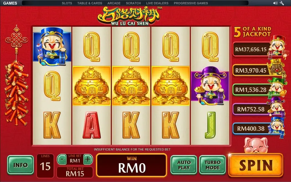 Wu Lu Cai Shen slot with three gold ingot pots on the middle row, blue and purple Cai Shen figures, firecrackers on the left and five jackpot boxes on the right from RM37,656.15 down to RM400.38