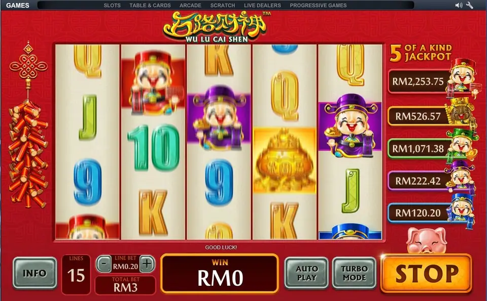 Wu Lu Cai Shen reels mid-spin with a red Cai Shen and a gold pot, 15 lines at RM0.20 and a total bet of RM3