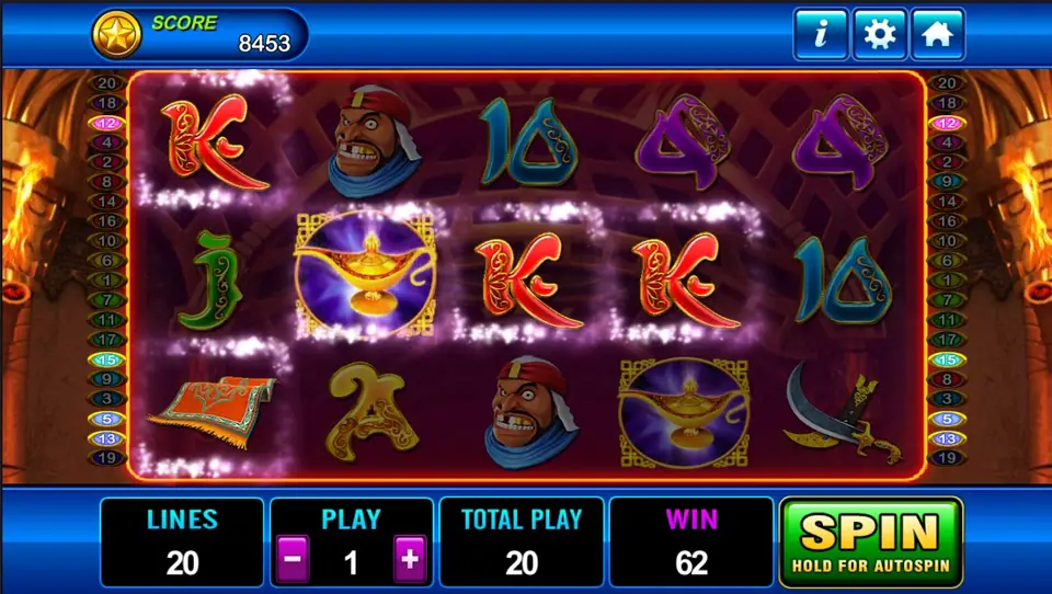 Aladdin win with sparkling outlines around several letters and a magic lamp on the reels and a WIN of 62