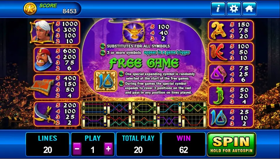 Aladdin paytable with symbol payouts on both sides, a lamp panel explaining the substitute and free game rules, and 20 line diagrams