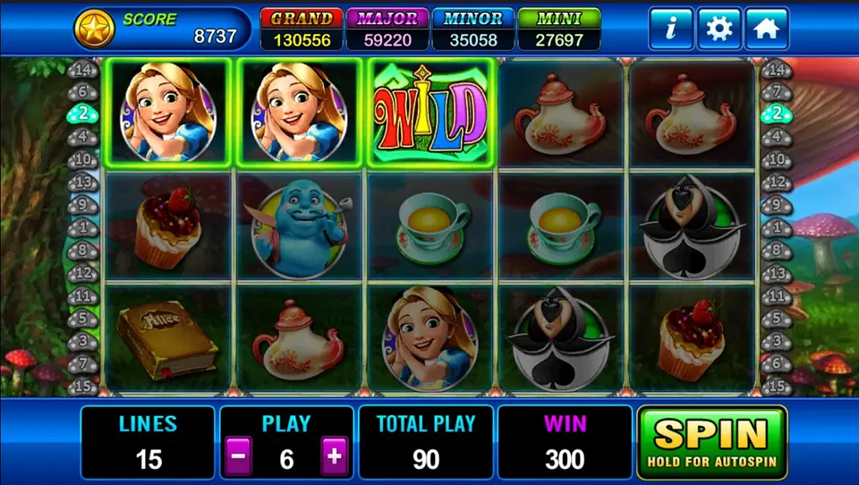 Alice win with two Alice symbols and a WILD highlighted in green on the top row and a WIN of 300