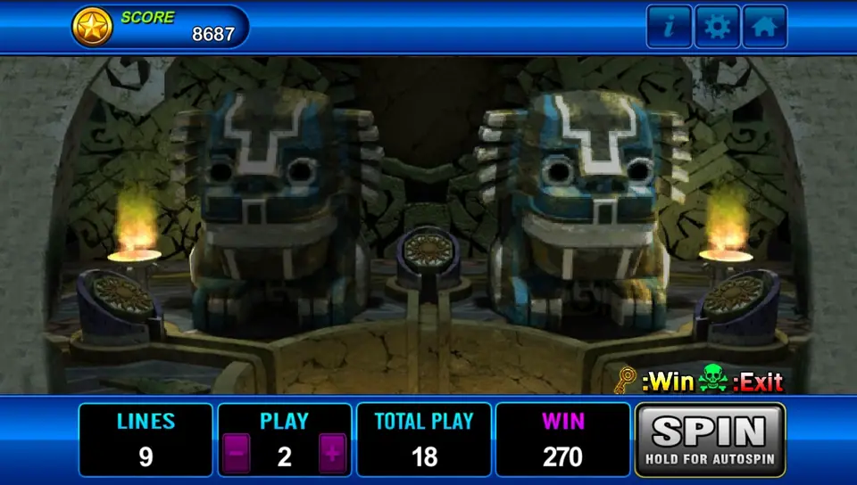 Amazon Jungle bonus screen inside a dark temple with two stone guardian statues, lit braziers and a key for Win and a skull for Exit, with WIN at 270