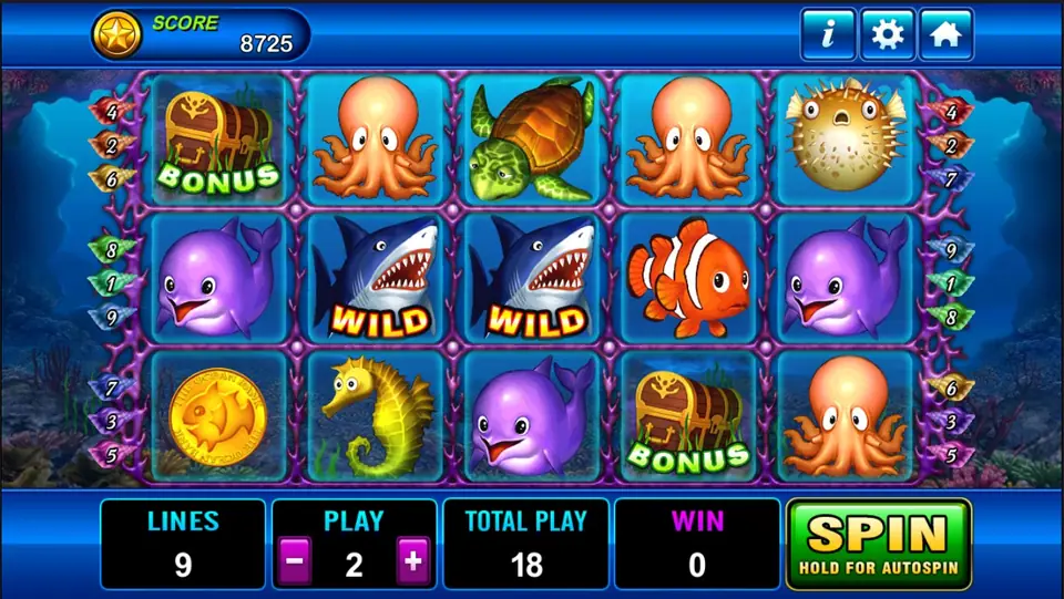 Dolphin reels on a coral reef with a treasure-chest BONUS, octopuses, a turtle, a pufferfish, purple dolphins, two shark WILDs, a clownfish, a gold coin and a seahorse, 9 lines at a bet of 2