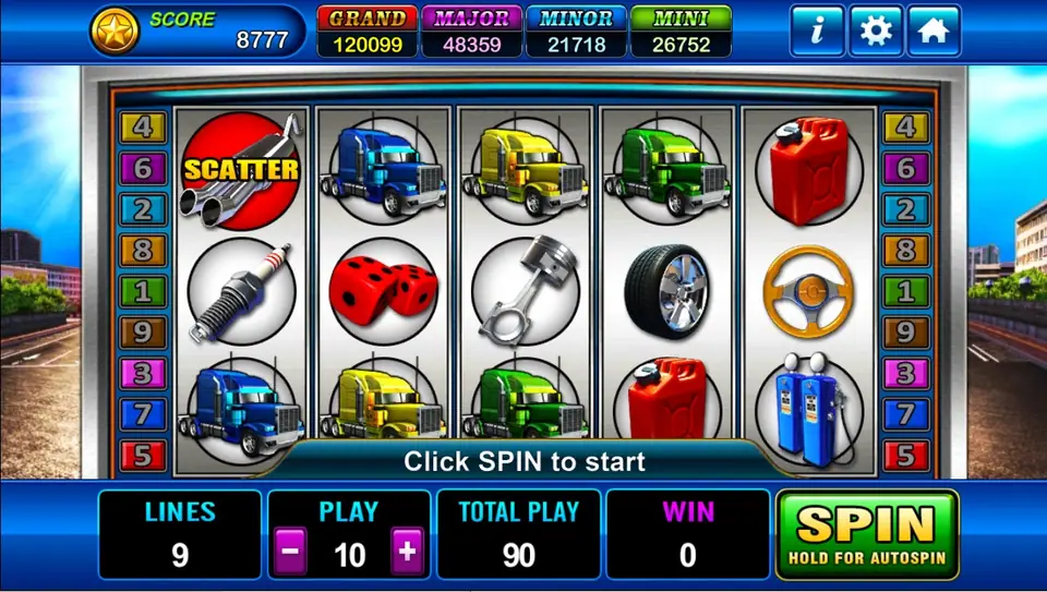 Highroad King reels with trucks, tyres, dice, fuel pumps, a jerry can and a red SCATTER exhaust symbol, 9 lines at a bet of 10 and Click SPIN to start