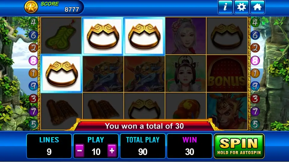 Monkey King win with three golden headbands highlighted on line 8 and the message You won a total of 30