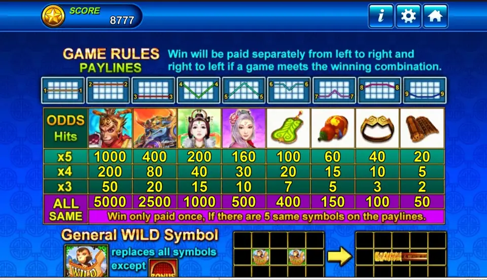 Monkey King game rules with nine payline diagrams, an odds table for eight symbols with an All Same row, and a General WILD Symbol note