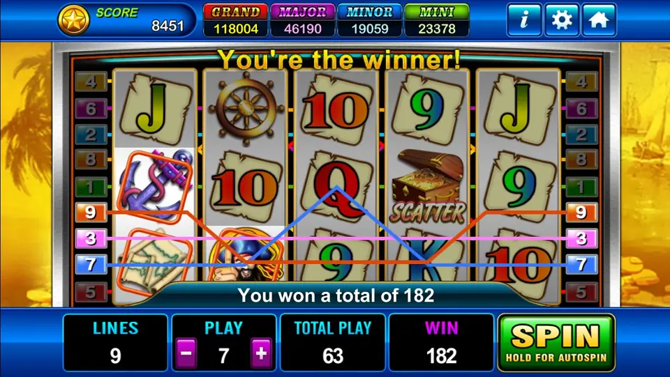 Pirates Treasure win with three lines drawn across the reels, a banner reading You're the winner and the message You won a total of 182