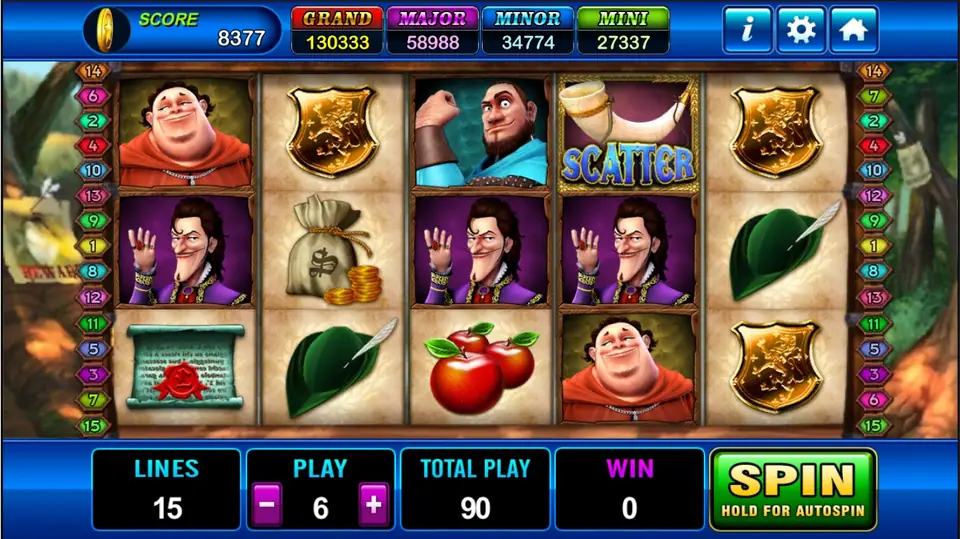 Robin Hood reels with a friar, a strongman, a purple-coated nobleman, money bags, apples, a green feathered hat and a horn SCATTER, 15 lines at a bet of 6